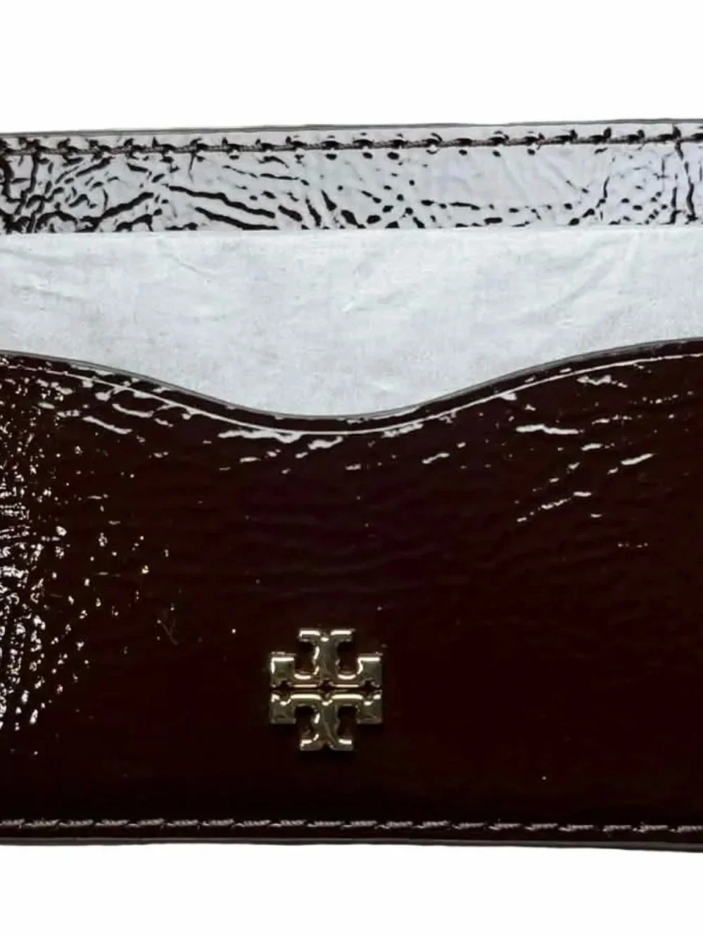 NEW! Tory Burch Patent Card Case in Dark Brown with Gold Logo